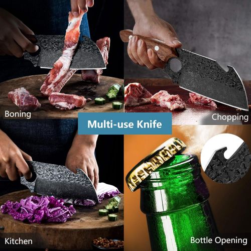  [아마존베스트]Purple Dragon Boning Knife Hand Forged Chef Knife with Leather Sheath Gift Box Bottle Opener Design Sharp Meat Butcher Cleaver Kitchen Knife for Kitchen Outdoor BBQ Camping