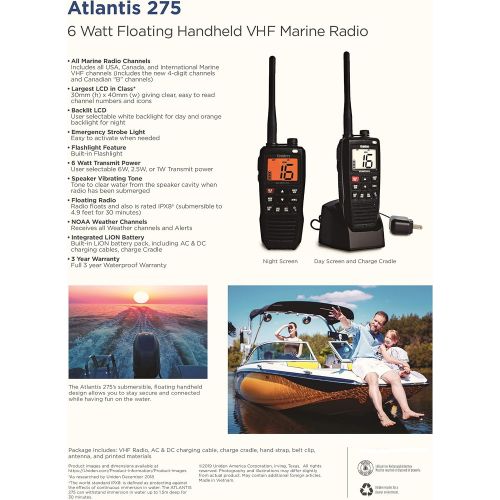  [아마존베스트]Uniden Atlantis 275 Handheld Two-Way VHF Marine Radio, Floating IPX8 Submersible Waterproof, Large Dual-Color Screen, 6-Watt, All USA/International/Canadian Marine Channels, NOAA W