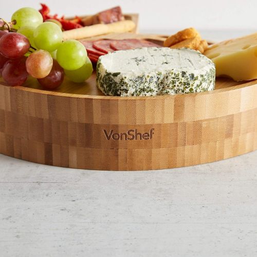  [아마존베스트]VonShef 3 Layer Tiered Cheese Board Server Plate and 3 Piece Stainless Steel Cheese Knife Serving Utensil Set, Wooden, 13 Inch Diameter, with Gift Box