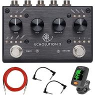 Pigtronix Echolution 3 Stereo Multi-Tap Delay Guitar Pedal - Bundle with Instrument Cable, 2 Patch Cables, and Clip-On Tuner