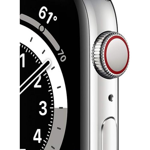 애플 Apple Watch Series 6 (GPS + Cellular, 44mm) - Silver Stainless Steel Case with White Sport Band (Renewed)