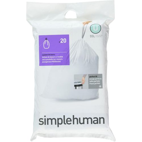 심플휴먼 simplehuman Code U Custom Fit Liners, Extra Large, Ultra Strong Trash Bags, 55 Liter / 14.5 Gallon, 3 Refill Packs (60 Count)