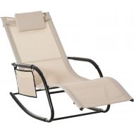 Outsunny Outdoor Rocking Chair, Patio Sling Sun Lounger, Pocket, Recliner Rocker, Lounge Chair with Detachable Pillow for Deck, Garden or Pool, Cream White