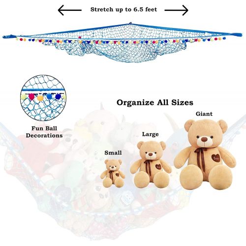  [아마존베스트]HOME4 Hanging Storage Toys Hammock Net with Fun Poms Poms for Plush Animal Teddy Bear - Great Gift for Boys, Girls - Organize Small, Large, Giant Stuffed Toys Balls - Blue