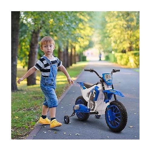  Aosom 12V Kids Motorcycle Dirt Bike Electric Battery-Powered Ride-On Toy Off-Road Street Bike with Charging Battery, Training Wheels Blue
