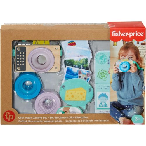  Fisher-Price Click Away Camera Set, 10-piece pretend photography set for preschool kids ages 3 years and up Brown, Orange, Blue, Gray