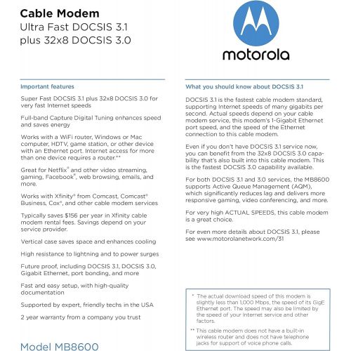 모토로라 [아마존베스트]Motorola MB8600 DOCSIS 3.1 Cable Modem, 6 Gbps Max Speed. Approved for Comcast Xfinity Gigabit, Cox Gigablast, and More, Black