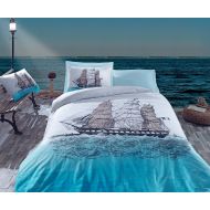 Waverly Bekata Maritime Blue Nautical Bedding, %100 Cotton Single/Twin Size Quilt/Duvet Cover Set, Sailing Boat Ships Sailor Themed, COMFORTER INCLUDED 4 PCS