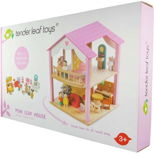  Tender Leaf Toys 2 Storey Pink Leaf House with Swivel Base - 18” Tall Classic Doll House with 14 Doll Furniture Pieces - Premium Quality Construction - Develops Social and Emotional Skills - 3 Year