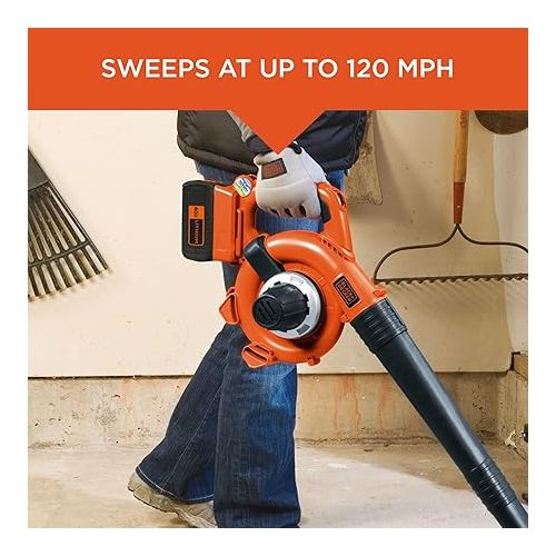  BLACK+DECKER 40V Cordless Leaf Blower Kit, 120 mph Air Speed, 6-Speed Dial, Built-In Scraper, With Collection Bag, Battery and Charger Included (LSWV36)