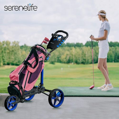  [아마존베스트]3 Wheel Golf Push Cart - Lightweight Folding Golf Walking Push Cart Roller Golf Bag Holder w/ Upper/Lower Bracket w/ Elastic Strap, Scorecard Storage Compartment - SereneLife SLGCF