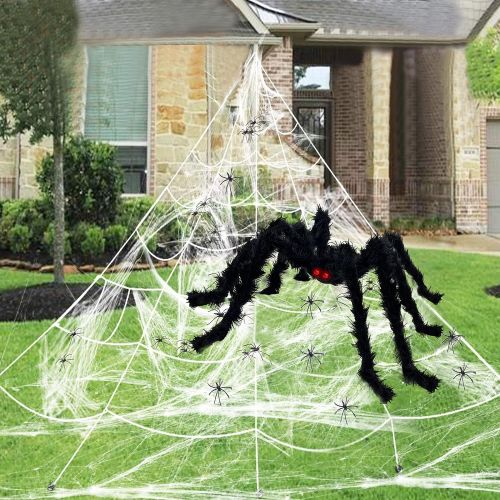  할로윈 용품AMENON 23 Feet Outdoor Halloween Decorations Giant Spider Web, Triangular Huge Spider Web with Super Stretch Cobwebs, Large Spider 29.5 and 20 Small Spiders 1.5 Party Set Yard Lawn Decor