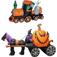 BZB Goods TWO HALLOWEEN PARTY DECORATIONS BUNDLE, Includes 7 Foot Long Inflatable Skeleton Train Ghost Tombstone Pumpkins, and 11.5 Foot Long Inflatable Grim Reaper Driving Pumpkin Carriage