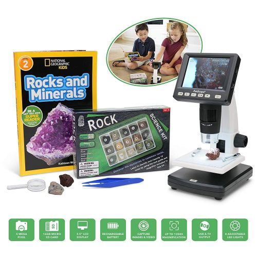  [아마존베스트]IQCREW by AmScope Kids Premium Portable LCD Color Digital Microscope with Rock and Mineral Collecting Look and Learn Activity Kit