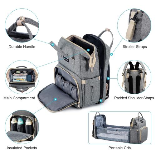  [무료배송]Realer 3 in 1 Diaper Bag Backpack Travel Bassinet Portable Baby Bed, Baby Diaper Bag with Changing Station, Foldable Baby Crib with Changing Pad (Grey)