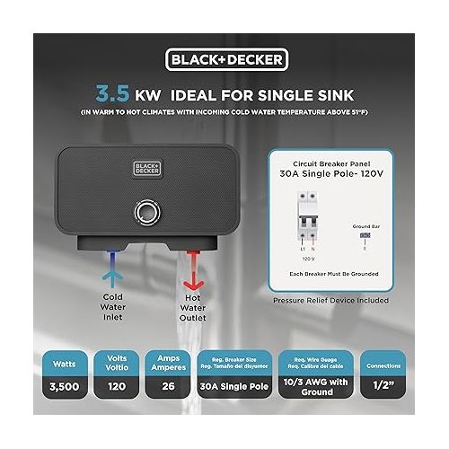  BLACK+DECKER 3.5kW / 120-V 0.5 GPM Point Of Use Tankless Electric Water Heater with Pressure Relief Device Single Sink Water Heater