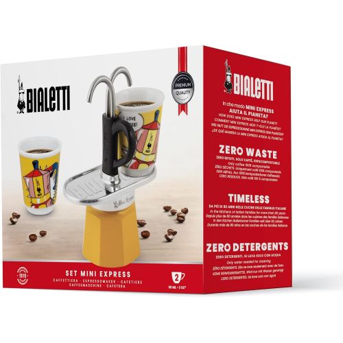  Bialetti - Mini Express Lichtenstein: Moka Set includes Coffee Maker 2-Cup (2.8 Oz) + 2 shot glasses, Yellow, Aluminium