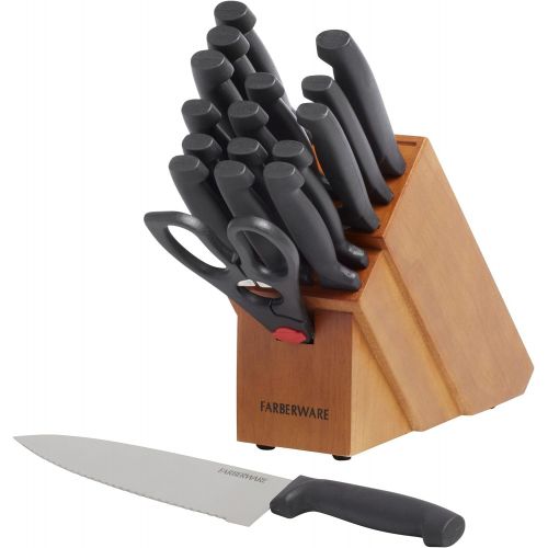  [아마존베스트]Farberware 18-Piece Never Needs Sharpening High-Carbon Stainless Steel Knife Block Set with Non-Slip Handles, Black
