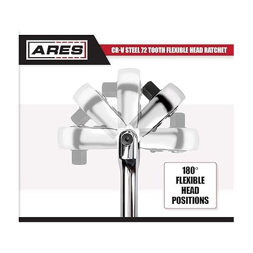  ARES 42027 - Flex Head Ratchet - 1/2-inch Drive 72-Tooth Ratchet - Premium Chrome Vanadium Steel Construction & Chrome Plated Finish - 72-Tooth Quick Release Reversible Design with 5 Degree Swing