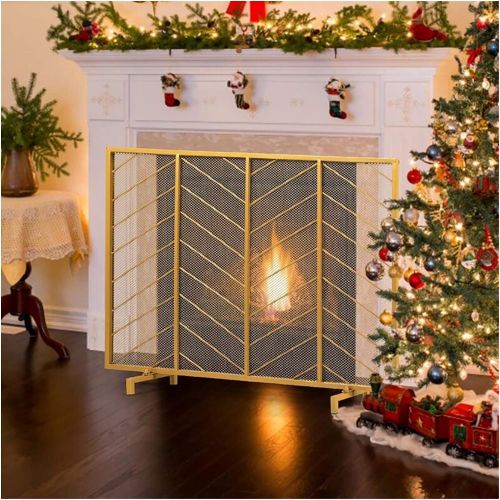  WMMING Golden Flat Fireplace Screen, Large Spark Guard Cover for Gas Fireplace/Log Wood Fires/Outdoor Stoves, 100×23×80cm Solid and Practical