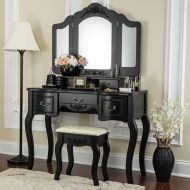 Fineboard Vanity Set Beauty Station Makeup Table and Wooden Stool Set with 3 Mirrors and 5 Organization Drawers Set (Black)