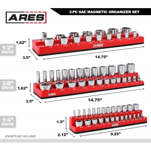  ARES 60035-3-Piece Set SAE Magnetic Socket Organizers - RED -Includes 1/4 in, 3/8 in, 1/2 in Socket Holders - Holds 68 Standard (Shallow) and Deep Sockets - Also Available in GREEN