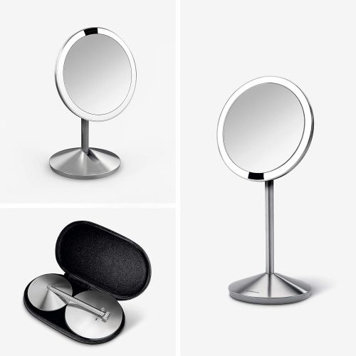 심플휴먼 simplehuman Mini Sensor Lighted Makeup Travel Mirror 5 Round, 10x Magnification, Stainless Steel, Rechargeable