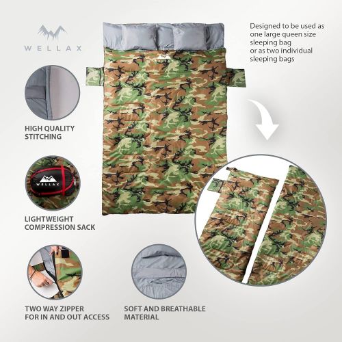  WELLAX Double Sleeping Bag for Camping, Backpacking or Hiking - Extra Large Camping Accessories for Couples for All Terrains and Weather - Camping