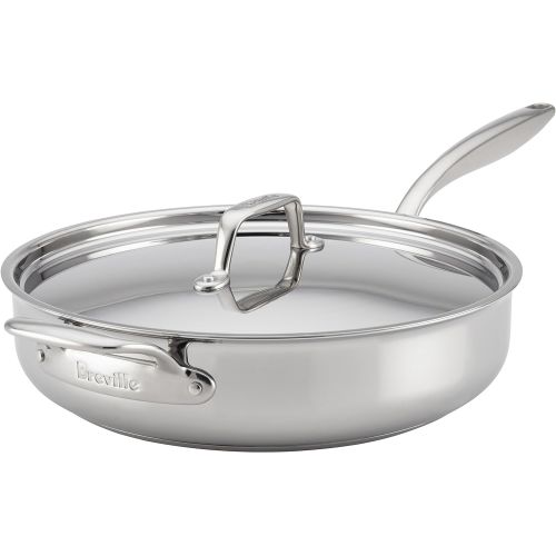 브레빌 Breville Clad Stainless Steel Saute Pan / Frying Pan / Fry Pan with Lid and Helper Handle - 5 Quart, Silver