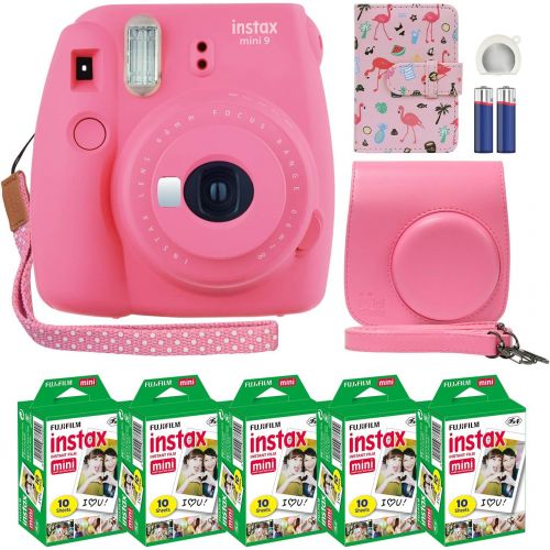 후지필름 Fujifilm Instax Mini 9 Instant Camera Flamingo Pink with Custom Case + Fuji Instax Film Value Pack (50 Sheets) Flamingo Designer Photo Album for Fuji instax Mini 9 Photos.