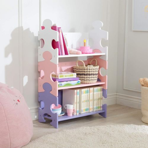 키드크래프트 KidKraft Wooden Puzzle Piece Bookcase with Three Shelves - Pastel, Gift for Ages 3+