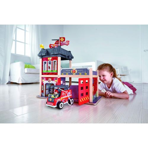  Hape Fire Station Playset| Wooden Dollhouse Kid’s Toy, Stimulates Key Motor Skills and Promotes Team Play