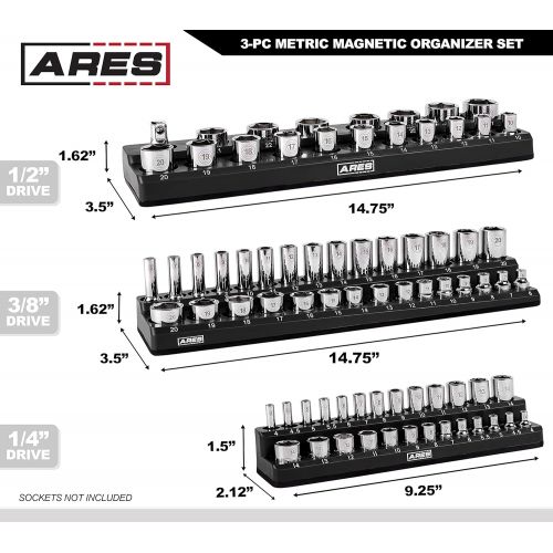  ARES 60034-3-Piece Black Metric Magnetic Socket Organizer Set - Includes 1/4-Inch, 3/8-Inch, and 1/2-Inch Socket Holders - Holds Standard Size and Deep Size Sockets - Keeps Your To