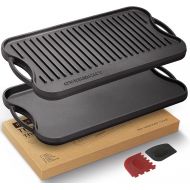 Overmont Pre-seasoned 17x9.8 Cast Iron Reversible Griddle Grill Pan with handles for Gas Stovetop Open Fire Oven, One tray, Scrapers Included