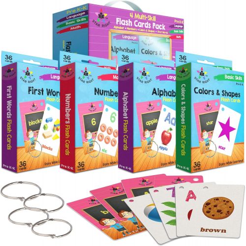  [아마존베스트]Star Right Flash Cards Set of 4 - Numbers, Alphabets, First Words, Colors & Shapes - Value Pack Flash Cards with Rings for Pre K - K