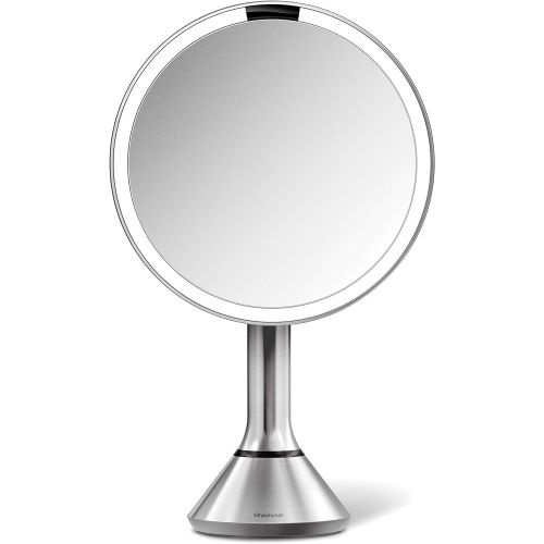 심플휴먼 simplehuman 8 Round Sensor Makeup Mirror with Touch-Control Dual Light Settings, 5x Magnification, Rechargeable and Cordless, Brushed Stainless Steel