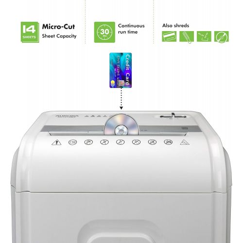  Aurora AU1480MA Professional Grade 14-Sheet Micro-Cut Paper and CD/Credit Card Shredder/ 30 Minutes Continuous Run Time, White/Gray