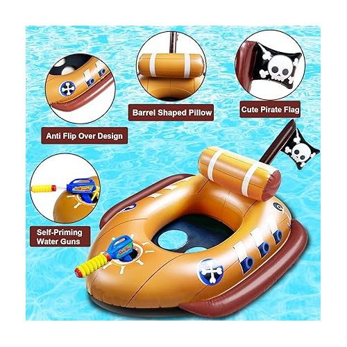  [Water Squirt Guns] Pirate Ship Pool Float for Kids 3-11 Years, Inflatable Battle Swimming Pool Toys Fun Ride-ons Floaties for Boys Girls Summer Outdoor Pool Party Gift Toys Games