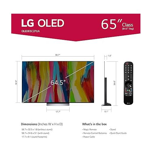  LG 65-Inch Class OLED evo C2 Series Alexa Built-in 4K Smart TV, 120Hz Refresh Rate, AI-Powered 4K, Dolby Vision IQ and Atmos, WiSA Ready, Cloud Gaming (OLED65C2PUA, 2022) (Renewed)