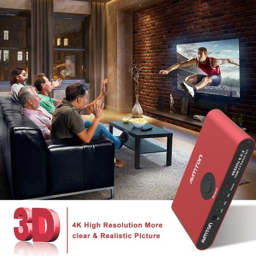  [아마존베스트]AVMTON 4K HDMI 2.0 Switch 3 Port,HDMI Switcher Splitter 3 in 1 Out,Aluminum Red HDMI Selector Box with Remote Supports 4K@60Hz Ultra HD3D 2160P 1080P for DVD,PS3/4 TV/X Box Fire St