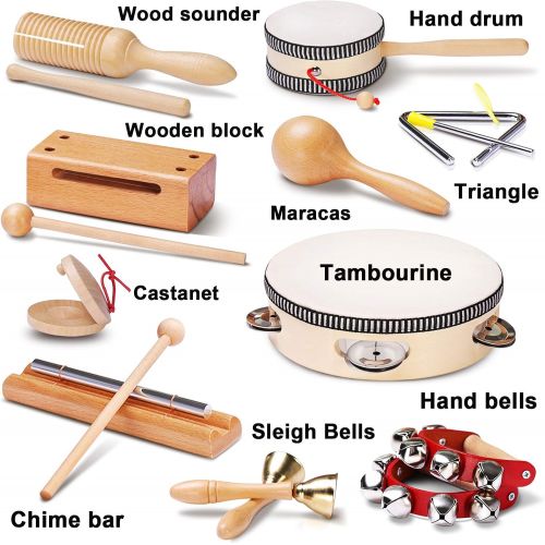  [아마존베스트]LOOIKOOS Toddler Musical Instruments Natural Wooden Percussion Instruments Toy for Kids Preschool Educational, Musical Toys Set for Boys and Girls with Storage Bag