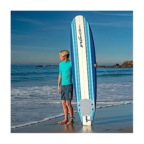  Wave Storm - Classic Soft Top Foam 8' Surfboard for Beginners and All Surfing Levels Complete Set Includes Leash and Multiple Fins Heat Laminated, Blue Pinline