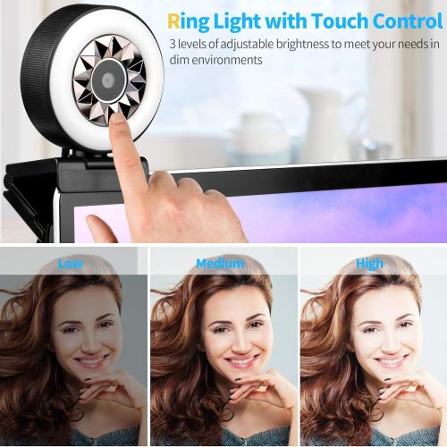  Erosmate 1080P HD Streaming Webcam Built-in Microphone and Ajustable Ring Light, Web Camera with 360° Rotating Base, USB Pro Computer Camera for Mac Laptop Conferencing Streaming Online Lea