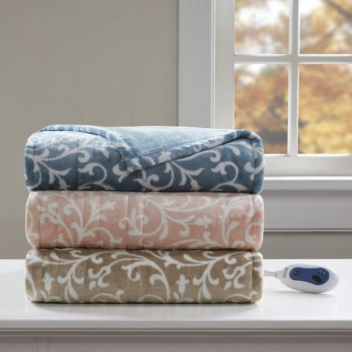 뷰티레스트 Beautyrest - Plush Heated Throw Blanket -Secure Comfort Technology-Oversized 60 x 70- Tan - Scroll Printed Pattern - Cozy Soft Microlight Heated Electric Blanket Throw - 3-Setting