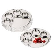 King International 100% Stainless Steel Round 5 in 1 Five Compartment Divided Dinner Plate | Stainless steel Plate | Mess Trays Great for Camping | Set of 6 Pieces