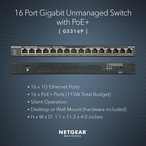  [아마존베스트]NETGEAR 16-Port Gigabit Ethernet Unmanaged PoE+ Switch (GS316P) - with 16 x PoE+ @ 115W, Desktop/Wallmount, Sturdy Metal