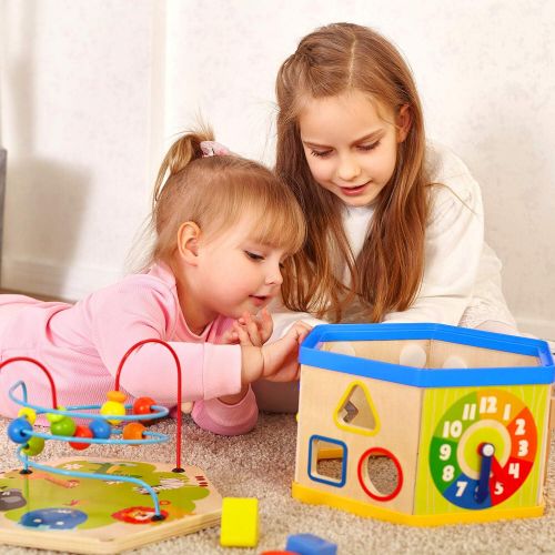  TOP BRIGHT Activity Cube Toys Baby Wooden Bead Maze Shape Sorter 7-in-1 Toys for 1 Year Old Boy and Girl Toddlers Gift
