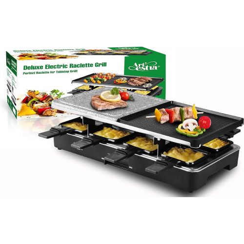  Artestia Electric Raclette Grill with Two Full Size Top Plates (Non-Stick Reversible Aluminum and High Density Granite Stone), Serve the whole family (Full Size Stone and Aluminum