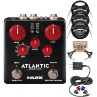 NUX NDR-5 Atlantic Delay and Reverb Pedal Bundle with Blucoil Slim 9V Power Supply AC Adapter, 3-Pack of 10-FT Straight Instrument Cables (1/4in), 2-Pack of Pedal Patch Cables, and