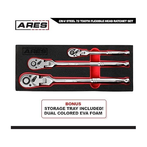  ARES 42028 - Flex Head Ratchet Set - 3-Piece 72-Tooth Ratchet - Premium Chrome Vanadium Steel Construction & Chrome Plated Finish - 72-Tooth Quick Release Reversible Design with 5 Degree Swing